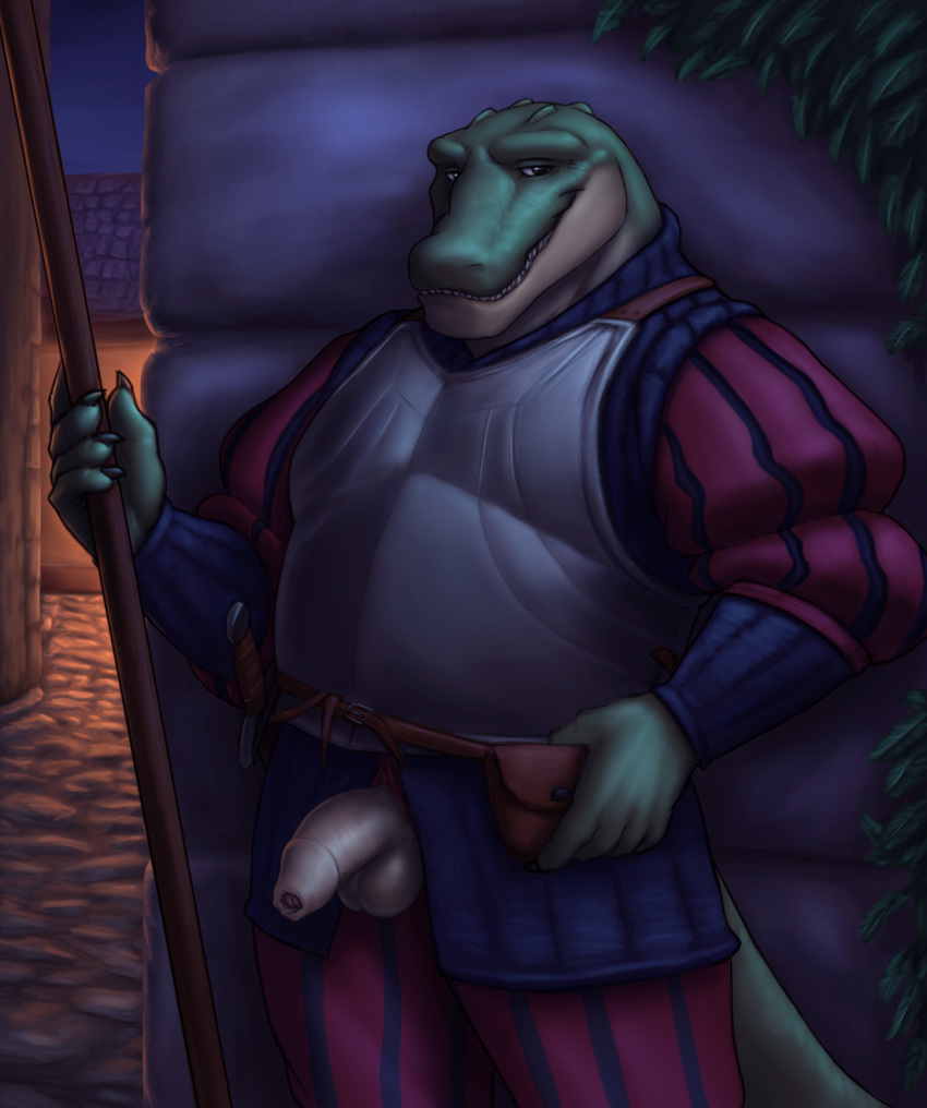 alligator anthro armor balls clothed clothing crocodilian looking_at_viewer male medieval melee_weapon noodlewd outside penis reptile scalie solo sword uncut weapon