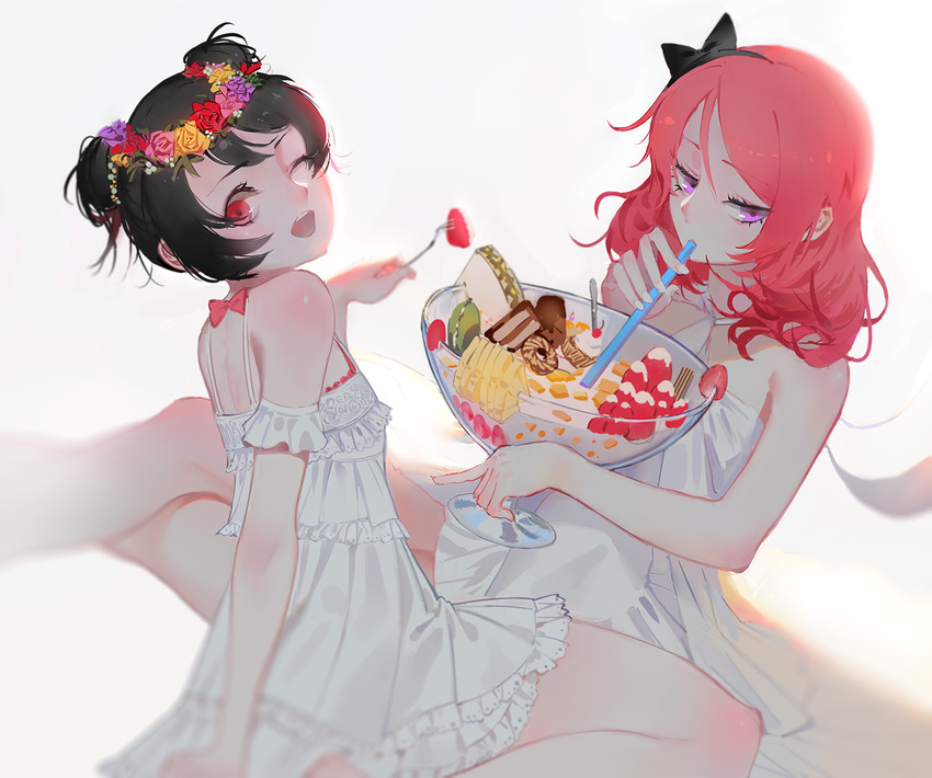 ;d bare_shoulders black_hair double_bun dress flower food fork fruit glass hair_flower hair_ornament head_tilt head_wreath hoshimawa looking_at_viewer love_live! love_live!_school_idol_project multiple_girls nishikino_maki one_eye_closed open_mouth purple_eyes red_eyes red_hair simple_background sitting smile strawberry white_background yazawa_nico yuri