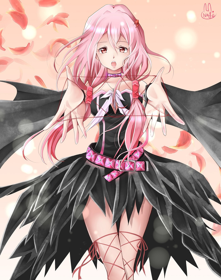 bare_shoulders cat's_cradle commentary_request cross cross_necklace dress guilty_crown hair_ornament hairclip highres jewelry long_hair looking_at_viewer nachosu necklace open_mouth pink_hair solo twintails yuzuriha_inori