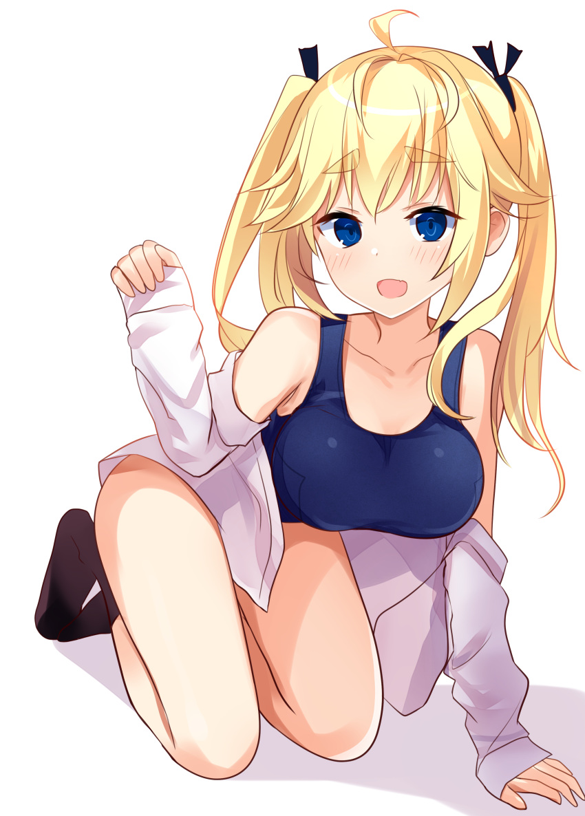 1girl :d absurdres ahoge all_fours bare_shoulders black_legwear black_ribbon blonde_hair blue_eyes blue_swimsuit blush breasts collarbone fang grisaia_(series) grisaia_no_kajitsu hair_ribbon hand_up highres large_breasts long_hair long_sleeves looking_at_viewer matsushima_michiru natsu_(sinker8c) off_shoulder open_clothes open_mouth open_shirt pinching_sleeves ribbon school_swimsuit shadow shirt sidelocks simple_background sleeves_past_wrists smile socks solo swimsuit thick_eyebrows thighs twintails white_background white_shirt