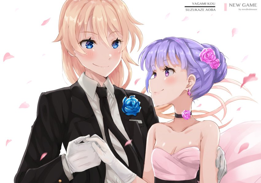 2girls bangs bare_arms bare_shoulders blonde_hair blue_eyes blue_flower blush bun choker crossdressing dress earrings eyebrows_visible_through_hair female flower gloves hair_flower hair_ornament highres jewelry long_hair multiple_girls necktie needledmouse new_game! purple_eyes purple_hair smile suzukaze_aoba white_gloves yagami_kou yuri