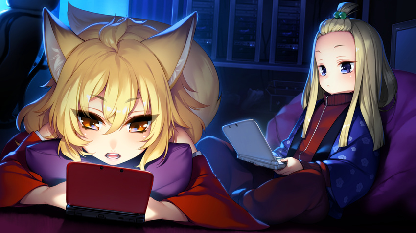 2girls akeiro_kaikitan animal_ears bare_shoulders blonde_hair blue_eyes chair computer eyebrows eyebrows_visible_through_hair fox_ears fox_tail game_cg hair_up highres indoors iyo_(akeiro_kaikitan) iyo_(nanairo_reincarnation) japanese_clothes katsuragi_youko kimono legs long_hair long_sleeves looking_down lying multiple_girls nintendo_ds on_stomach parted_lips serious sitting sumeragi_kohaku tail thighs wide_sleeves yellow_eyes zipper