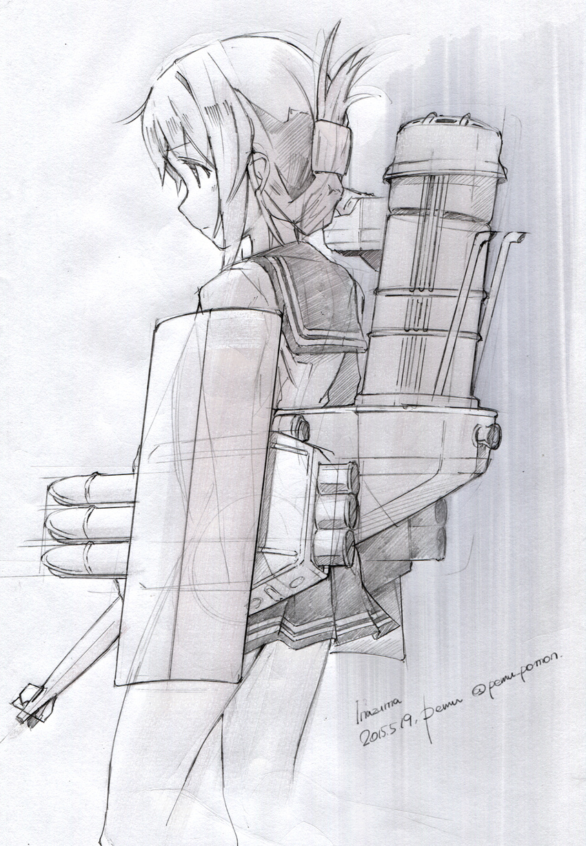 2015 artist_name backpack bad_id bad_pixiv_id bag character_name cowboy_shot cropped_legs dated folded_ponytail from_behind graphite_(medium) greyscale highres inazuma_(kantai_collection) kantai_collection machinery marker_(medium) monochrome paper_background pemu school_uniform sketch skirt smokestack solo standing torpedo traditional_media twitter_username