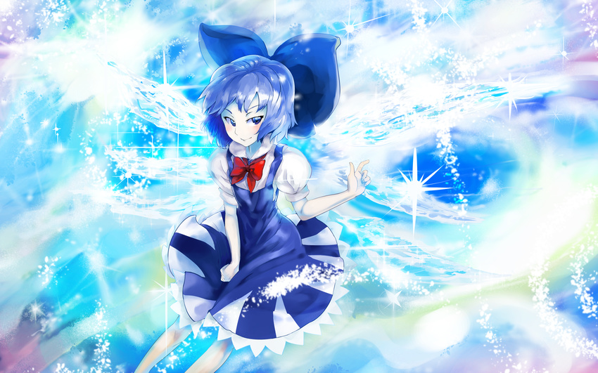 absurdres blue_dress blue_eyes blue_hair blush bow cirno commentary_request dress dress_pull hair_bow hand_up highres ice ice_wings legs looking_to_the_side puffy_short_sleeves puffy_sleeves shirt short_dress short_sleeves sinzan sleeveless sleeveless_dress smile solo sparkle touhou white_shirt wings