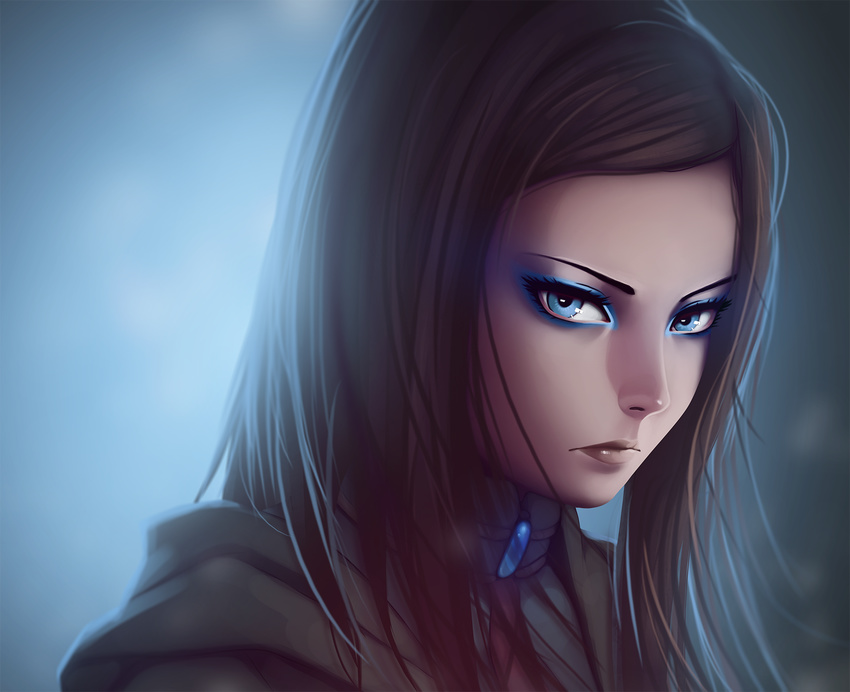 black_hair blue_eyes brooch brown_coat closed_mouth coat ergo_proxy expressionless eyeshadow face gem highres jewelry lips makeup miura-n315 re-l_mayer sapphire_(stone) solo upper_body