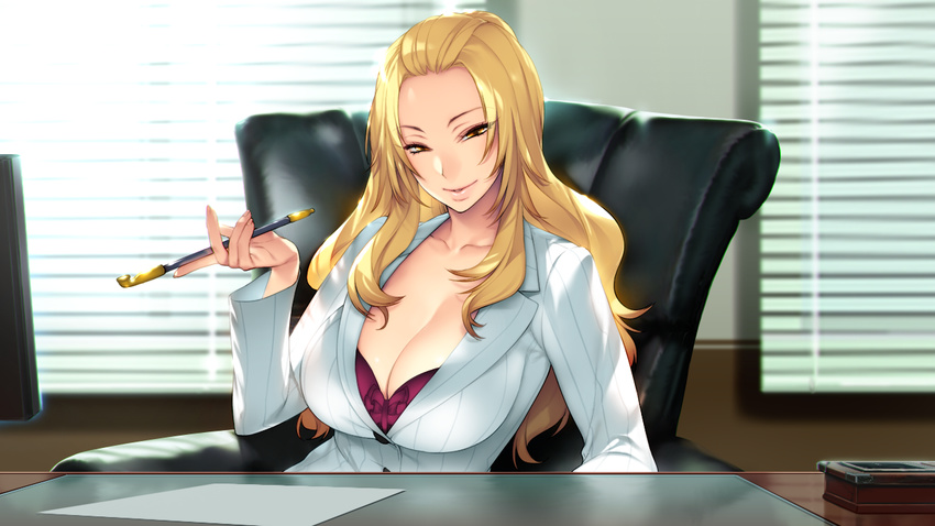 akeiro_kaikitan blonde_hair braid breasts cleavage collarbone game_cg holding holding_pipe huge_breasts katsuragi_youko kiseru long_hair looking_at_viewer pipe smile solo sumeragi_kohaku yellow_eyes