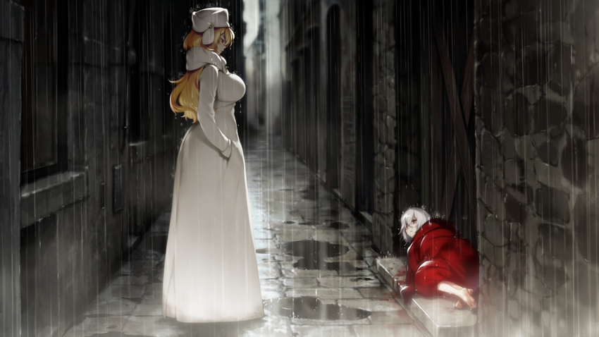 2girls akeiro_kaikitan barefoot blonde_hair blood breasts coat feet game_cg hair_over_one_eye hand_in_pocket hat highres katsuragi_youko large_breasts long_hair looking_down looking_up lying multiple_girls on_side outdoors rain raining red_eyes short_hair sideboob silver_hair standing sumeragi_kohaku toes velvet_(akeiro_kaikitan) wet wet_clothes