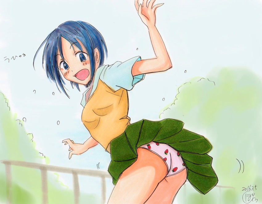 ass blue_eyes blue_hair blush bob_cut breasts embarrassed food_print green_skirt highres love_hina maehara_shinobu open_mouth panties pantyshot potekite print_panties school_uniform short_hair skirt small_breasts solo strawberry_panties strawberry_print sweater_vest underwear upskirt wind wind_lift