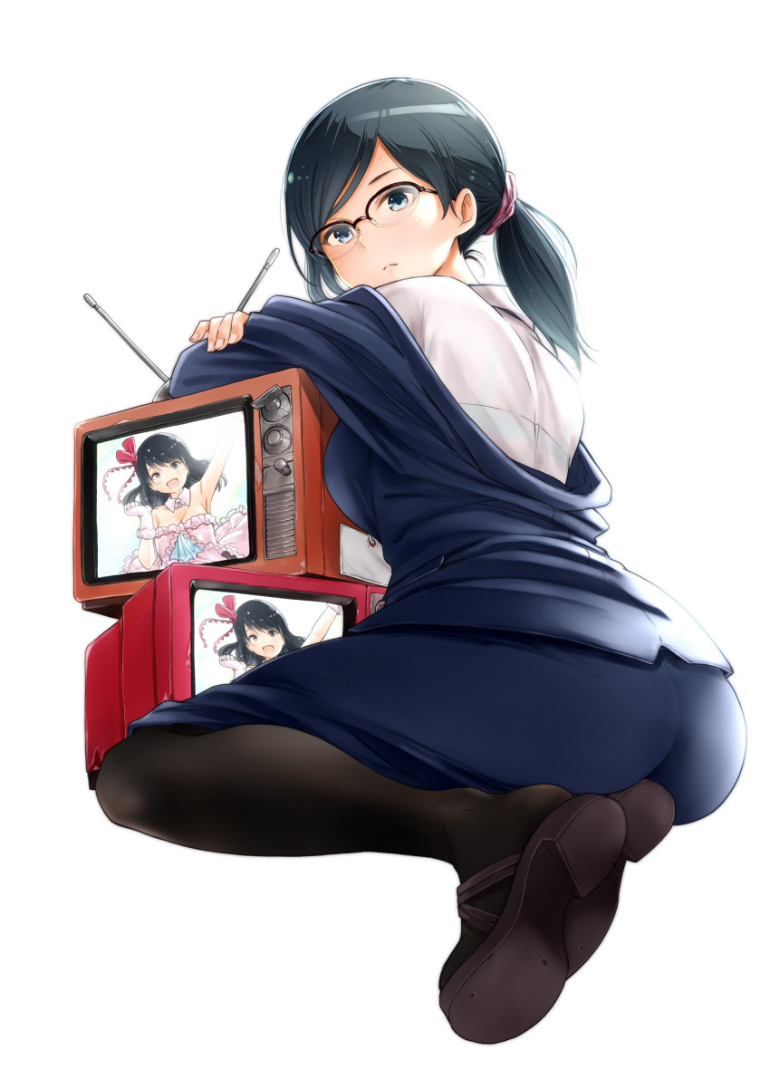 1girl ass back black_eyes black_hair bra breasts closed_mouth clothes_removed coat formal glasses hair_rings highres large_breasts lips long_hair nande_koko_ni_sensei_ga!? pantyhose pencil_skirt ponytail see-through shirt shoes sitting skirt skirt_suit soborou solo suit television underwear white_shirt