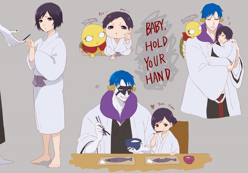 1girl baby baby_carry bad_id bad_pixiv_id bankai barefoot bleach blue_hair bodypaint chair chopsticks crawling ear_covers eating english facepaint father_and_daughter fingernails fish halo haori heart japanese_clothes konjiki_ashisogi_jizou_(bankai) kurotsuchi_mayuri kurotsuchi_nemu long_fingernails outstretched_hand purple_eyes purple_hair ronisuke short_hair sitting table taichou_haori white_skin yellow_eyes younger