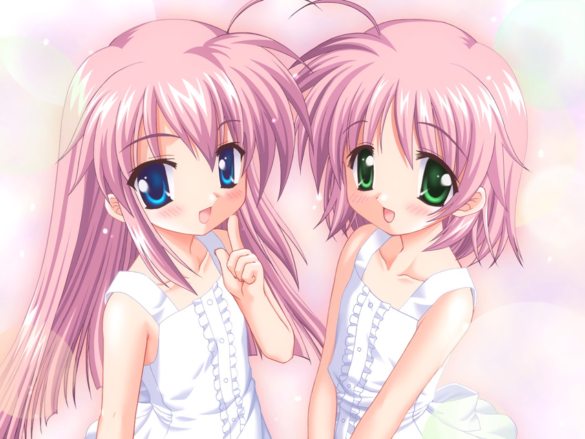 2girls asakura_maina asakura_yuna blue_eyes blush game_cg green_eyes hajimete_no_o-isha-san loli long_hair muririn nanami_to_konomi_no_oshiete_abc pink_hair short_hair summer_dress