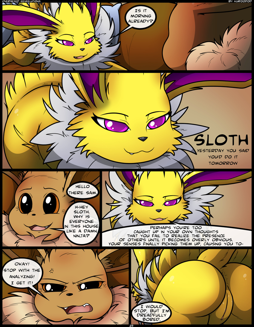 2016 absurd_res annoyed anus black_nose brown_background brown_eyes brown_fur butt comic cute_fangs dialogue duo eevee eeveelution english_text female feral fur hi_res jolteon kuroodod male neck_tuft nintendo nude open_mouth pok&eacute;mon purple_eyes pussy rear_view sam_(kuroodod) simple_background sloth_(kuroodod) smile speech_bubble teeth text tongue tuft video_games white_fur yellow_fur