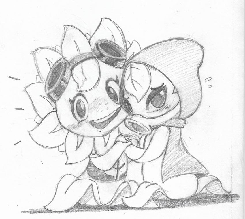 black_and_white blush cloak clothing cute duo eyewear female flora_fauna flower freckles goggles green_shadow hood mask monochrome open_mouth plant plants_vs_zombies sketch smile solar_flare_(plants_vs_zombies) sunflower traditional_media_(artwork) vono