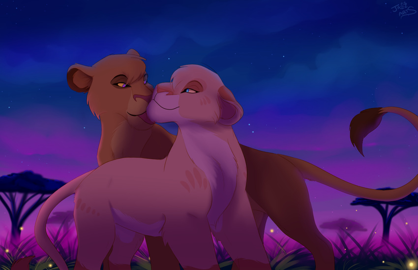 bahati_whiteclaw blue_eyes disney feline female female/female feral firefly fringe grass jazzlioness kissing licking lion love mammal nuzzling purple_eyes romantic romantic_couple star the_lion_king tongue tongue_out tree twilight vitani