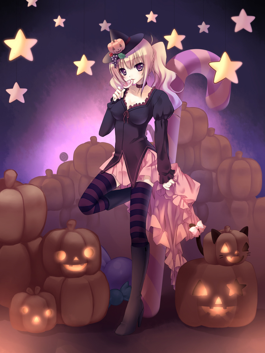 absurdres blonde_hair boots breasts candy candy_cane choker food food_as_clothes food_themed_clothes food_themed_hair_ornament fruit grapes hair_ornament halloween hands hat high_heels highres holding_lollipop jack-o'-lantern leg_lift lollipop medium_breasts nana_mikoto original pumpkin pumpkin_hair_ornament purple_eyes saliva shoes solo star striped striped_legwear swirl_lollipop thighhighs twintails witch_hat