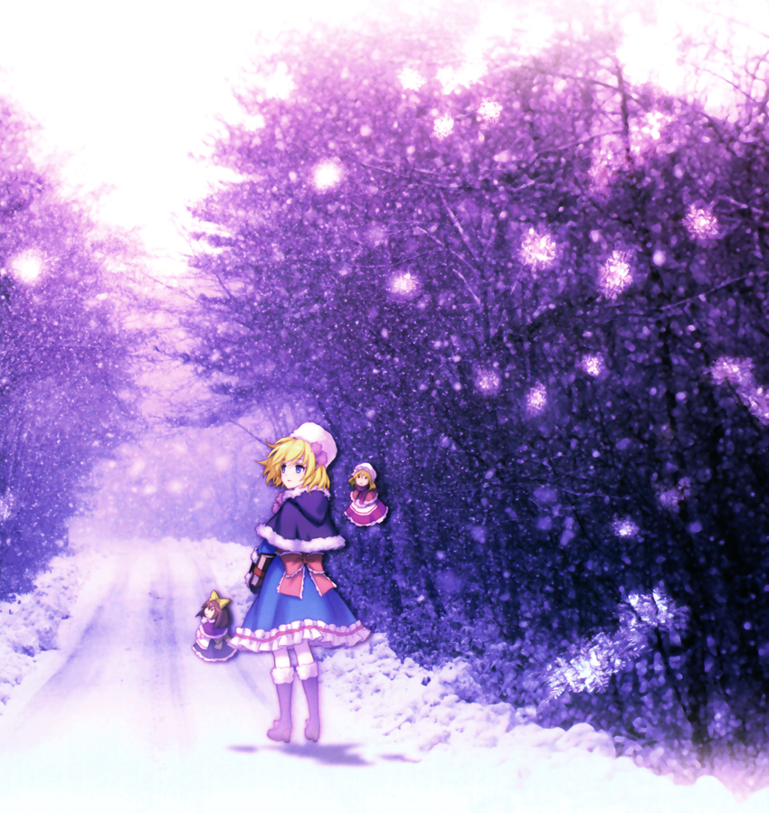 alice_margatroid an2a blue_eyes book boots bow brown_hair capelet doll dress forest from_behind hair_bow hat highres nature pantyhose photo_background ribbon road snow solo touhou white_legwear