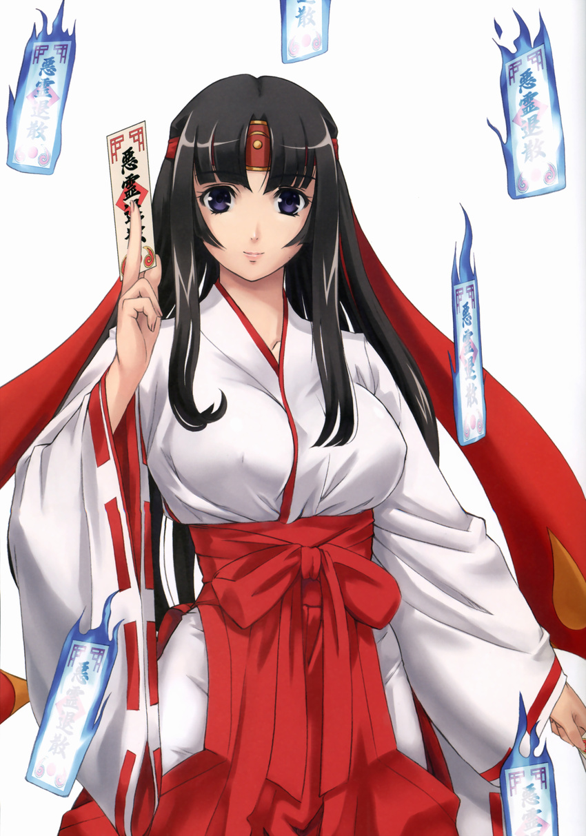 1girl absurdres black_hair breasts eiwa erect_nipples hairband highres japanese_clothes katana kimono large_breasts long_hair looking_at_viewer miko purple_eyes queen's_blade queen's_blade smile solo sword tomoe weapon wide_sleeves