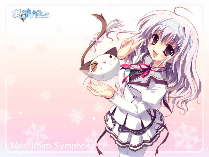 &gt;_o :3 :d ahoge amaha_miu blush border cat copyright_name gradient gradient_background hairband highres index_finger_raised izumi_tsubasu lavender_hair logo long_hair looking_at_viewer mashiroiro_symphony neck_ribbon one_eye_closed open_mouth pan-nya pink_background pointing purple_eyes purple_hair purple_ribbon red_ribbon ribbon sailor_collar school_uniform serafuku skirt smile snowflakes tail tail_ribbon thighhighs wallpaper white_legwear white_ribbon wings