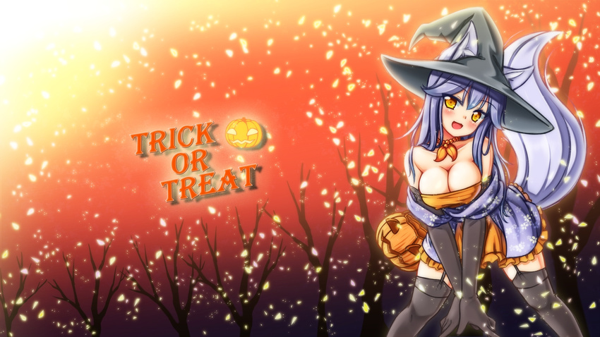 1girl animal_ears bare_shoulders blush breasts cherry_blossoms cleavage elbow_gloves erect_nipples fox gloves halloween hat kabukiri_hime leaning_forward long_hair looking_at_viewer necklace playjoe2005 pumpkin purple_hair shikihime_zoushi skirt skirt_lift sky smile solo standing tail thighhighs tree yellow_eyes