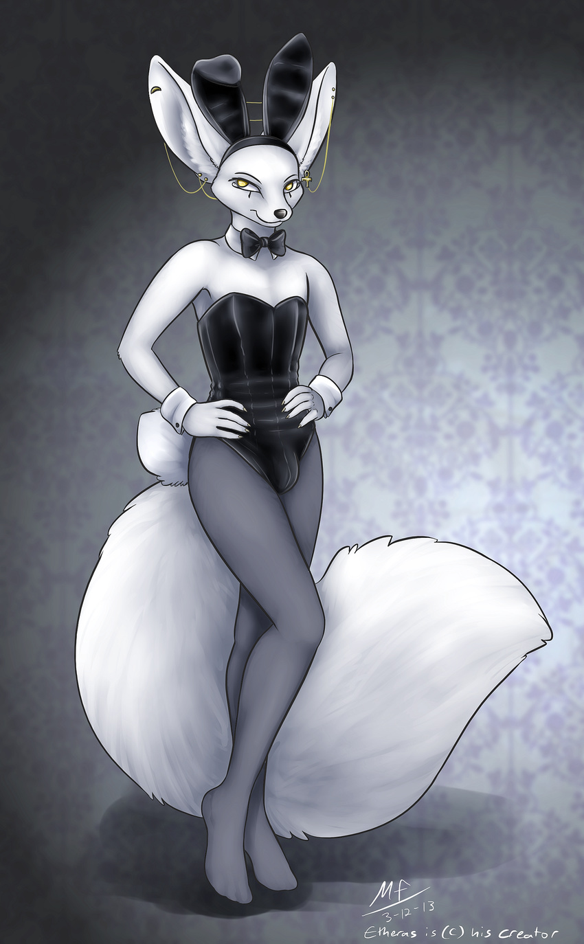 2013 abstract_background absurd_res anthro black_nose bow_tie bulge canine clothed clothing conditional_dnp corset crossdressing digital_media_(artwork) ear_piercing etheras etheras_(copyright) fake_ears fennec fox full-length_portrait girly hands_on_hips hi_res inner_ear_fluff jewelry legwear male mammal moodyferret pantyhose piercing portrait solo standing yellow_eyes