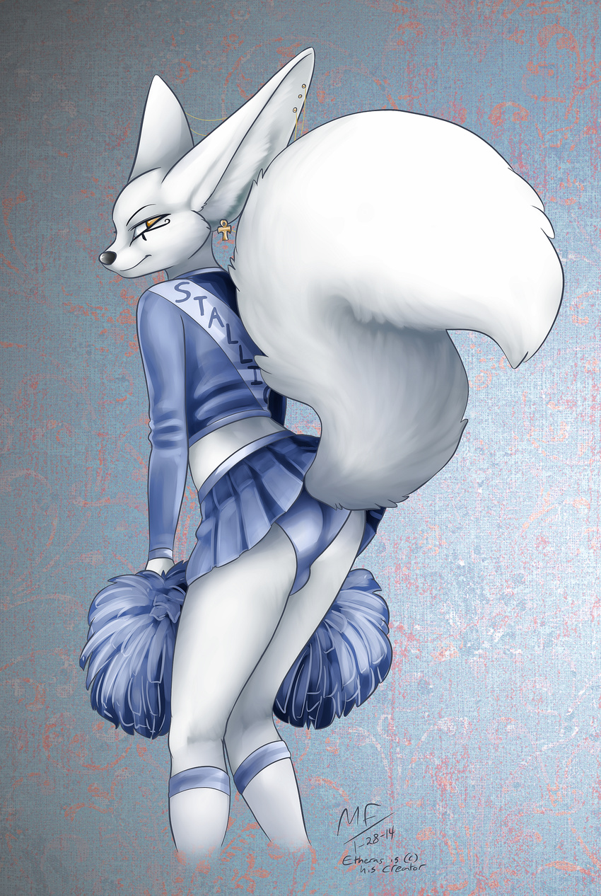 2014 abstract_background absurd_res ankh anthro black_nose bulge butt canine chain cheerleader clothed clothing conditional_dnp crossdressing digital_media_(artwork) ear_piercing egyptian english_text etheras etheras_(copyright) facial_markings fennec fluffy_tail fox fur girly hi_res jewelry knee_socks legwear looking_at_viewer looking_back male mammal markings midriff moodyferret panties piercing raised_tail simple_background skirt smile socks solo standing text underwear upskirt white_fur white_tail yellow_eyes