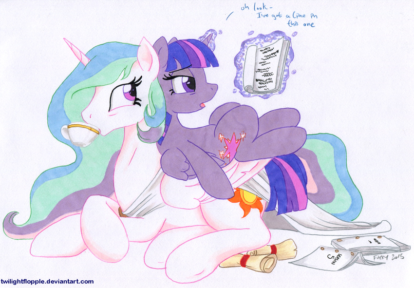 2015 beverage book dialogue duo english_text equine female food friendship_is_magic horn lying mammal my_little_pony princess_celestia_(mlp) reading scroll tea teacup text traditional_media_(artwork) twilight_sparkle_(mlp) twilightflopple winged_unicorn wings