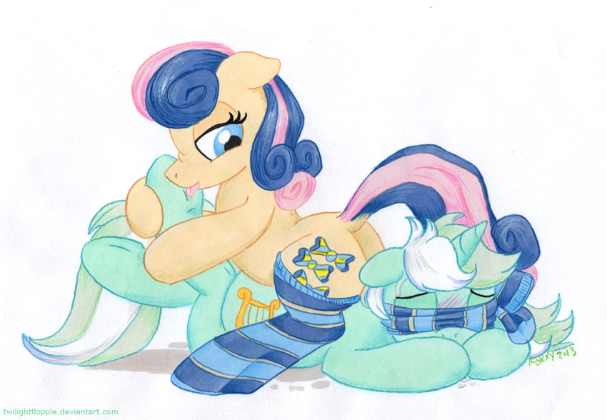 2015 blindfold blush bonbon_(mlp) clothing duo equine female friendship_is_magic hoof_fetish horn horse legwear licking lyra_heartstrings_(mlp) mammal my_little_pony pony socks tongue tongue_out twilightflopple unicorn