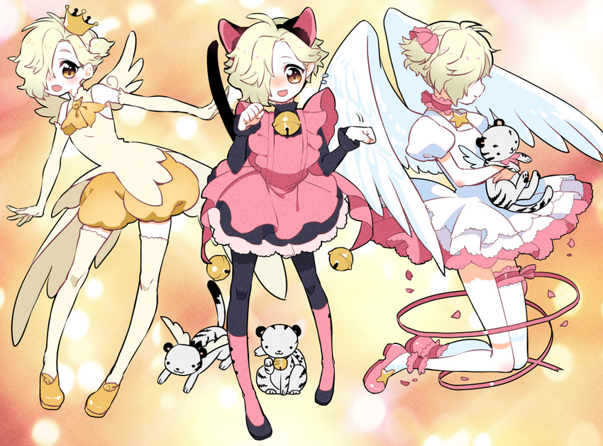 animal_ears bell black_legwear blonde_hair cardcaptor_sakura cat_ears cat_tail choker cosplay crossdressing crown dress fang gokotai gokotai's_tigers hair_over_one_eye kinomoto_sakura kinomoto_sakura_(cosplay) male_focus open_mouth otoko_no_ko petals puffy_short_sleeves puffy_shorts puffy_sleeves short_sleeves shorts smile soul_(tamashii) tail thighhighs tiger touken_ranbu white_tiger wings yellow_eyes yellow_legwear