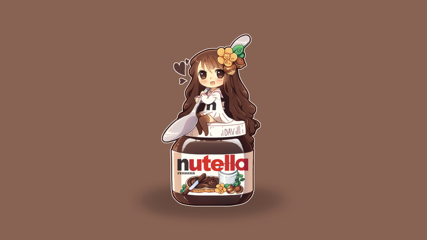 anthropomorphism brown brown_eyes brown_hair chibi chocolate dav-19 dress heart nutella nutella-chan_(dav-19) photoshop thighhighs zettai_ryouiki