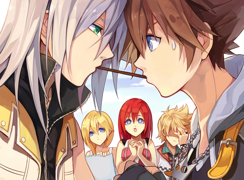 blonde_hair blue_eyes brown_hair green_eyes kairi kingdom_hearts kllsiren male namine pocky red_hair riku roxas shounen_ai sora white_hair