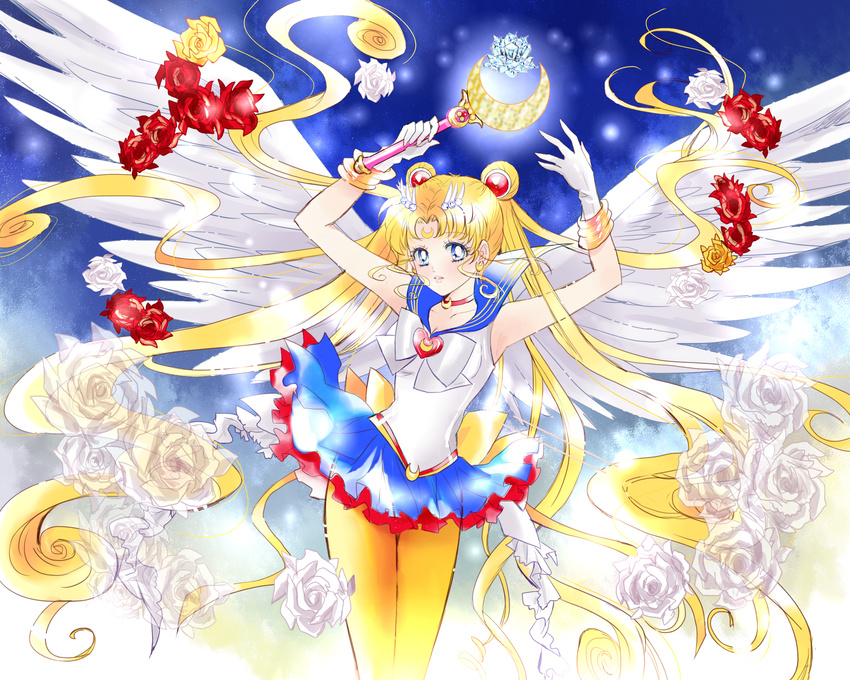 adapted_costume arms_up bad_id bad_pixiv_id bishoujo_senshi_sailor_moon blonde_hair blue_background blue_eyes blue_sailor_collar blue_skirt bow brooch choker cowboy_shot crescent crescent_earrings double_bun earrings expressionless facial_mark flower forehead_mark gloves hair_ornament hairpin hazuki_(hadukinoki0205) highres holding holding_wand jewelry light_particles long_hair looking_at_viewer maboroshi_no_ginzuishou magical_girl moon_stick orange_legwear pantyhose red_choker red_flower red_rose rose sailor_collar sailor_moon sailor_senshi_uniform skirt solo tsukino_usagi twintails wand white_bow white_flower white_gloves white_rose yellow_bow yellow_flower yellow_rose