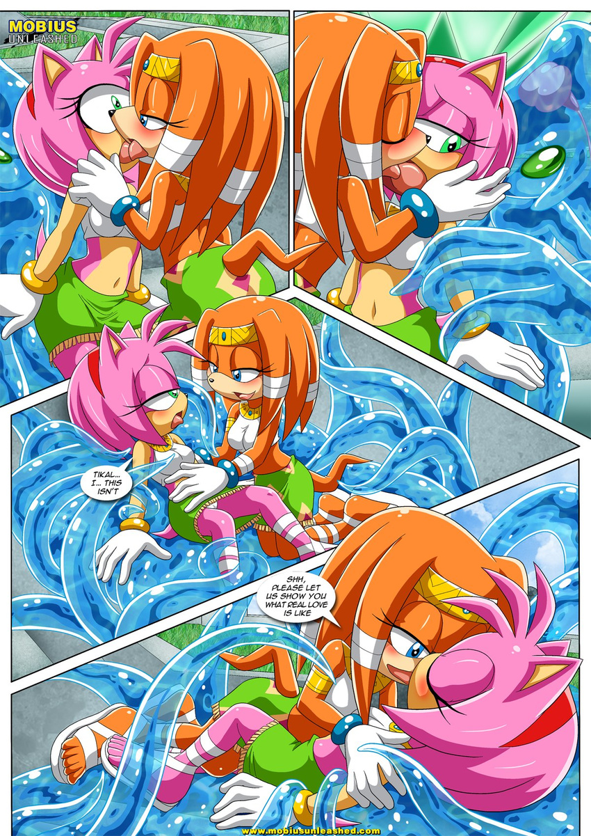 2016 amy_rose bbmbbf blush breasts chaos_(sonic) chaos_emerald clothing comic crown echidna exhibitionism female female/female french_kissing gloves grass hairband hedgehog hi_res kissing male male/female mammal mobius_unleashed monotreme palcomix public shirt skirt sonic_(series) tentacles text tiara tikal_the_echidna tongue waterbed