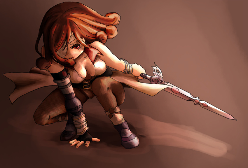 beatrix belt breasts brown_eyes brown_hair cleavage eyepatch final_fantasy final_fantasy_ix gloves kan'na long_hair medium_breasts pantyhose save_the_queen solo sword weapon