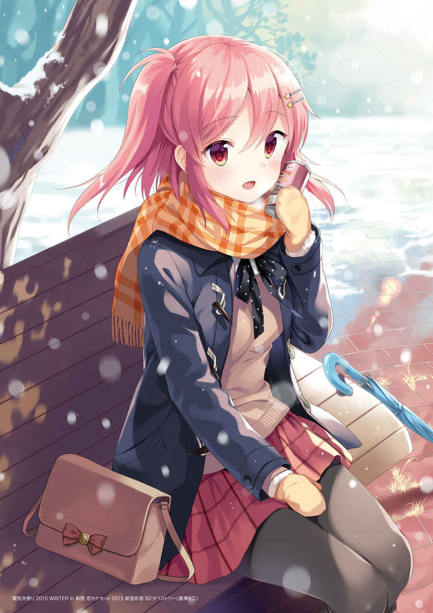 :d bag bench black_bow black_coat black_legwear black_neckwear blush bow bowtie breath brick_floor can closed_umbrella coat day duffel_coat fur_trim gloves hair_ornament hairclip hand_on_lap handbag highres holding koi_kakeru_shin-ai_kanojo kurasawa_moko long_sleeves looking_at_viewer open_clothes open_coat open_mouth orange_scarf outdoors pantyhose park plaid plaid_scarf plaid_skirt plant polka_dot polka_dot_bow red_eyes red_skirt scarf shindou_ayane short_hair side_ponytail sitting skirt smile snow snowing soda_can solo star sweater text_focus tree umbrella winter yellow_gloves