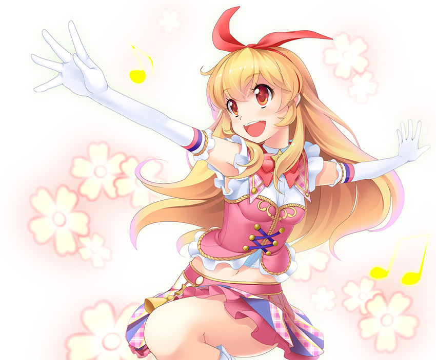 aikatsu! aikatsu!_(series) armpits blonde_hair bow eighth_note floral_print frilled_skirt frills gloves hair_ribbon hairband hoshimiya_ichigo long_hair looking_to_the_side midriff musical_note navel open_mouth outstretched_arms quarter_note red_eyes ribbon skirt sleeveless smile solo star teeth wapokichi