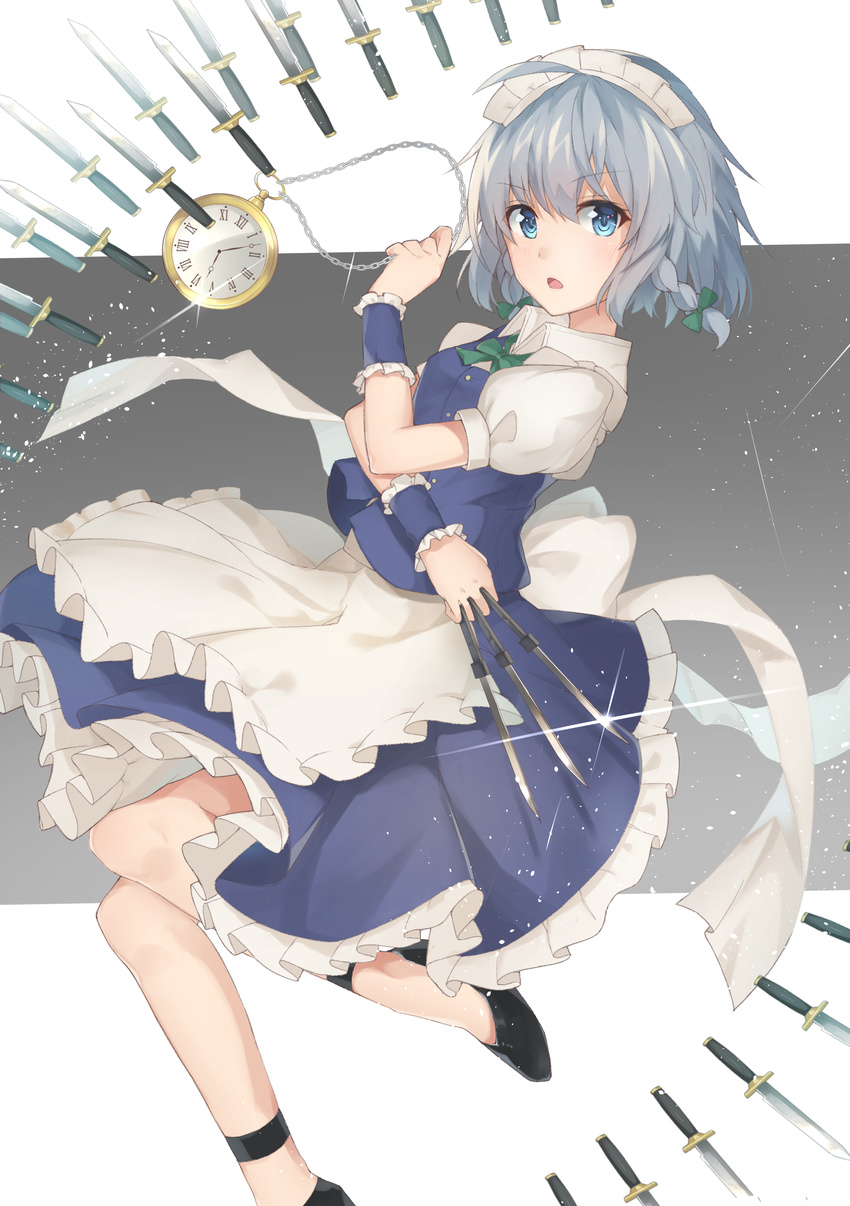 absurdres apron blue_eyes braid emushake highres izayoi_sakuya knife looking_at_viewer maid maid_headdress md5_mismatch open_mouth pocket_watch puffy_short_sleeves puffy_sleeves shirt short_sleeves silver_hair skirt skirt_set solo throwing_knife touhou twin_braids vest waist_apron watch weapon wrist_cuffs