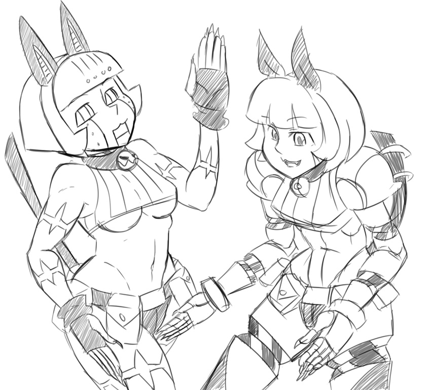 animal_humanoid bell_collar black_and_white breasts cat_humanoid cleavage clothed clothing collar duo feline female fingerless_gloves gloves humanoid machine malofantastic mammal monochrome nadia_fortune open_mouth pouch robo-fortune robot scar skullgirls under_boob