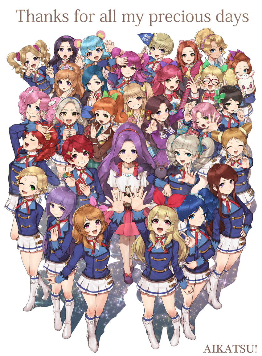 aikatsu! aikatsu!_(series) alan_(aikatsu!) amahane_madoka arisugawa_otome arm_up arms_behind_back bat black_hair blazer blonde_hair blue_eyes blue_hair boots brown_hair closed_eyes daichi_nono doujima_nina dream_academy_uniform drill_hair etoile_academy_uniform everyone flag flower fujiwara_miyabi_(aikatsu!) glasses green_eyes grin guitar hair_flower hair_ornament hair_ribbon hairband hand_on_hip hateruma_minami hattori_yuu head_wings heart heart_hands highres hikami_sumire himesato_maria himezakura_girls'_academy_uniform hitoto hoshimiya_ichigo ichinose_kaede instrument jacket kamiya_shion kanzaki_mizuki kazesawa_sora kiriya_aoi kitaouji_sakura kurebayashi_juri kurisu_kokone kurosawa_rin_(aikatsu!) long_hair looking_at_viewer minowa_hikari multiple_girls natsuki_mikuru one_eye_closed oozora_akari open_mouth orange_hair otoshiro_noel otoshiro_seira pink_hair ponytail purple_eyes purple_hair red_eyes ribbon saegusa_kii saionji_tsubaki school_uniform scrunchie shibuki_ran shinjou_hinaki shirakaba_risa short_hair side_ponytail skirt smile starlight_academy_uniform thank_you toudou_yurika twintails v