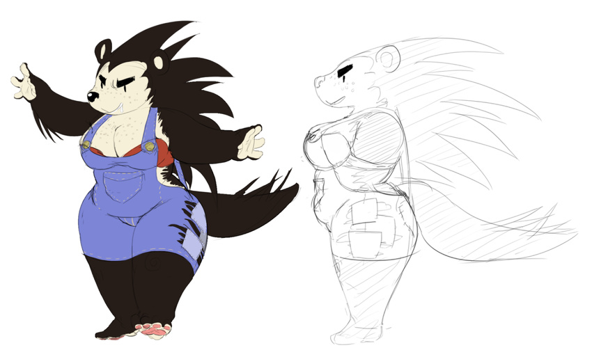 anthro big_breasts breakerpangolin breasts cleavage clothed clothing female henry_(breakerpangolin) mammal overalls pawpads porcupine rodent slightly_chubby solo