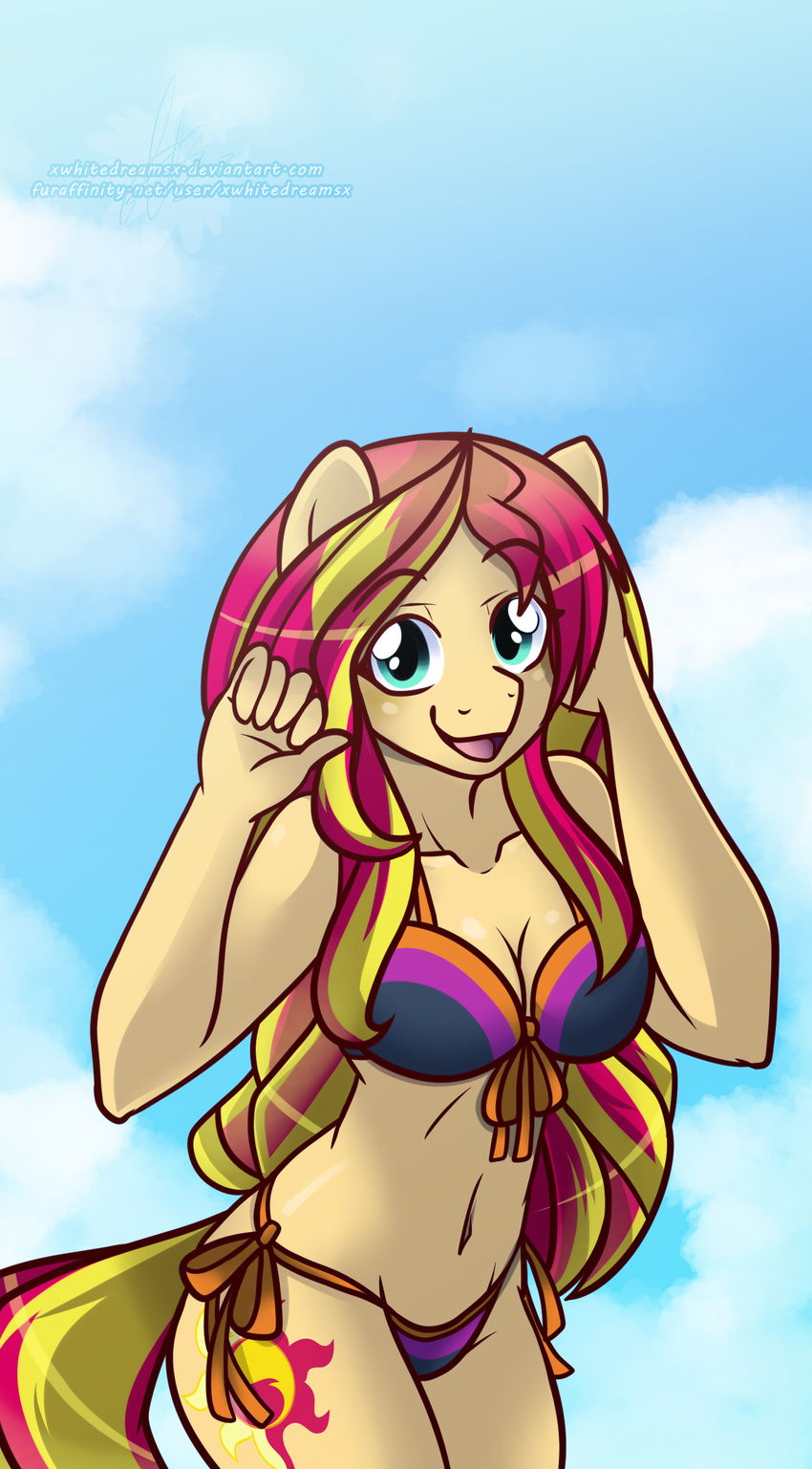 2016 absurd_res anthro anthrofied beach bikini blonde_hair breasts cleavage clothed clothing cutie_mark cyan_eyes earth_pony equestria_girls equine female hair hi_res horse long_hair looking_at_viewer mammal multicolored_hair my_little_pony navel open_mouth outside pony red_hair seaside side-tie_bikini solo summer sunset_shimmer_(eg) swimsuit two_tone_hair xwhitedreamsx