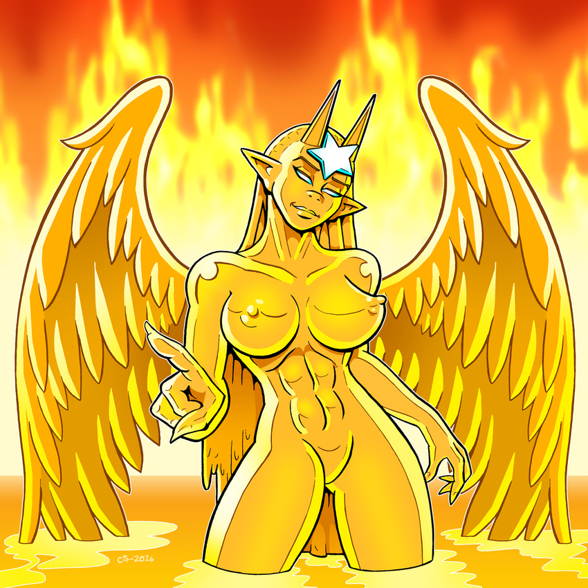 2016 abs baphomet bedroom_eyes blue_eyes breasts curtsibling detailed_background digital_media_(artwork) eyebrows eyelashes female fire god_vs_god hair half-closed_eyes horn humanoid long_hair looking_at_viewer nipples nude pool_(disambiguation) seductive solo star watermark wings