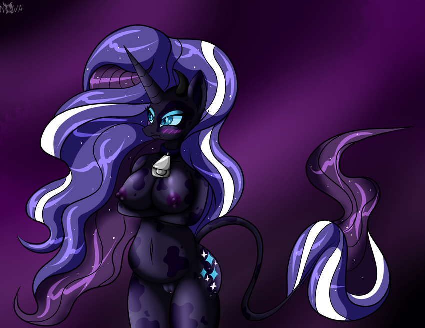 2016 anthro anthrofied areola big_breasts blush bovine breasts cattle cowbell equine fan_character female friendship_is_magic fur gradient_background hair hi_res horn hybrid long_hair makeup mammal multicolored_hair my_little_pony nightmare_rarity_(idw) nipples novaspark nude pussy raricow_(mlp) rarity_(mlp) simple_background solo two_tone_hair unicorn watermark