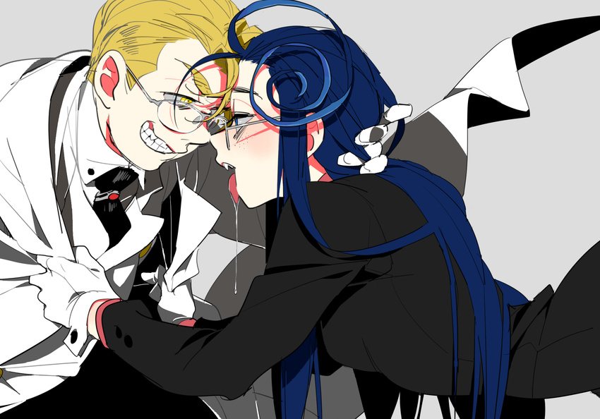 1boy 1girl blonde_hair blue_hair fangs glasses gloves hellsing kinako_(marubotan) long_hair rip_van_winkle saliva short_hair vampire