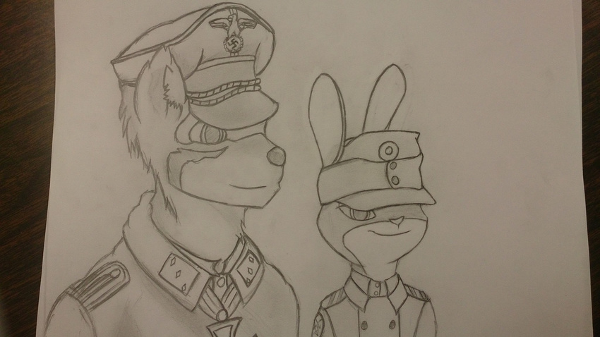 ambiguous_gender anthro clothing disney fur hat hate judy_hopps looking_away monochrome nazi photo simple_background sketch smile solo spetricov ss traditional_media_(artwork) uniform zootopia