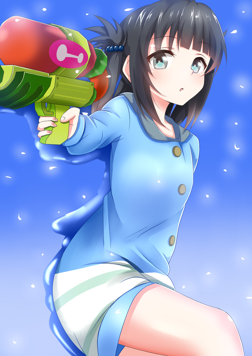 absurdres black_hair blue_eyes commentary_request folded_hair hair_rings highres long_hair nagi_no_asukara seno_(nanrandesu) shiodome_miuna solo splatoon_(series) splatoon_1 twintails water_gun