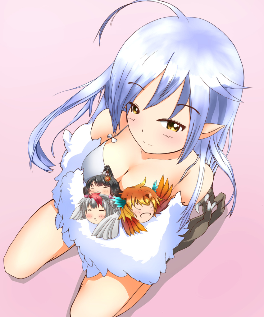 ahoge ba_shikon bima_(monster_musume) black_hair breasts cleavage closed_eyes cockatrice feathered_wings feathers from_above grey_hair grey_wings hair_feathers harpy haru_(monster_musume) highres kuune_(monster_musume) long_hair medium_breasts minigirl misaki_(monster_musume) monster_girl monster_musume_no_iru_nichijou monster_musume_no_iru_nichijou_online multicolored_hair multiple_girls orange_hair orange_wings pointy_ears red_hair shadow simple_background sitting smile solo_focus talons wariza white_hair white_wings wings yatagarasu yellow_eyes