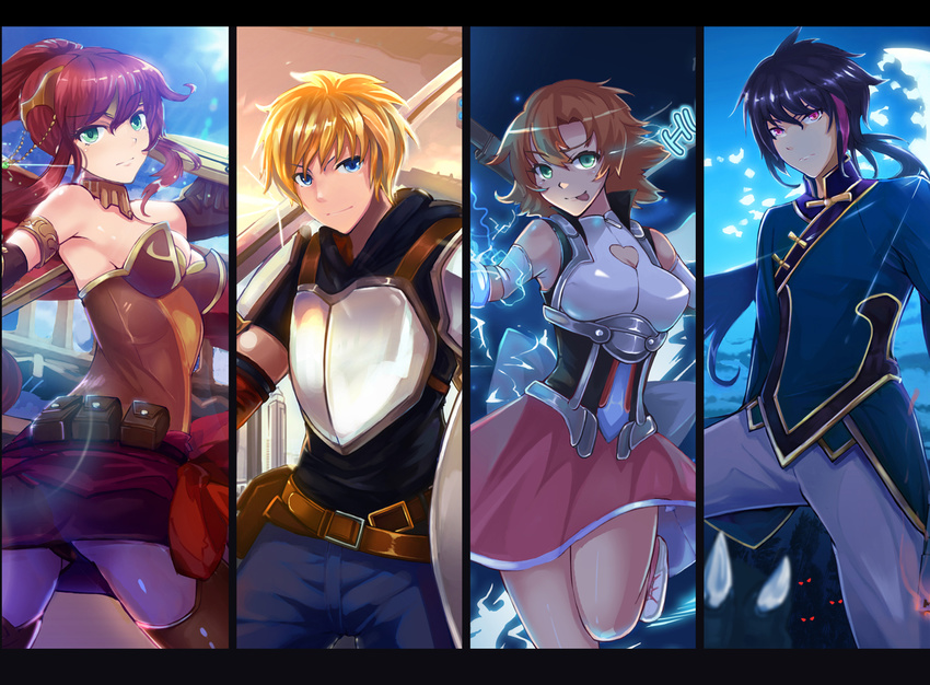 2girls armor bare_shoulders belt blonde_hair blue_eyes breasts changpao chinese_clothes cleavage_cutout crocea_mors_(rwby) jaune_arc large_breasts leg_up lie_ren long_hair magnhild mai_(xskdizzy) medium_breasts milo_and_akouo multiple_boys multiple_girls nora_valkyrie ponytail pouch pyrrha_nikos red_hair rwby short_hair stormflower_(rwby) tongue tongue_out