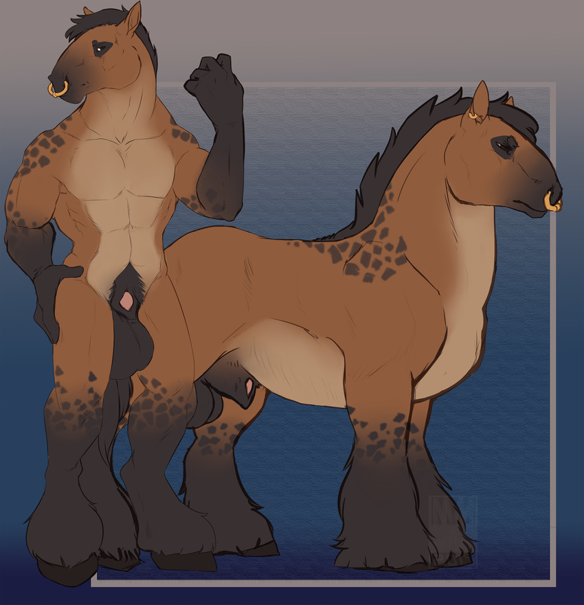 animal_genitalia anthro atlas_(jelomaus) balls big_balls big_sheath brown_fur ear_piercing equine facial_piercing feral flexing fur gradiant_background hooves male mammal mane model_sheet nose_piercing nose_ring piercing sheath solo spots