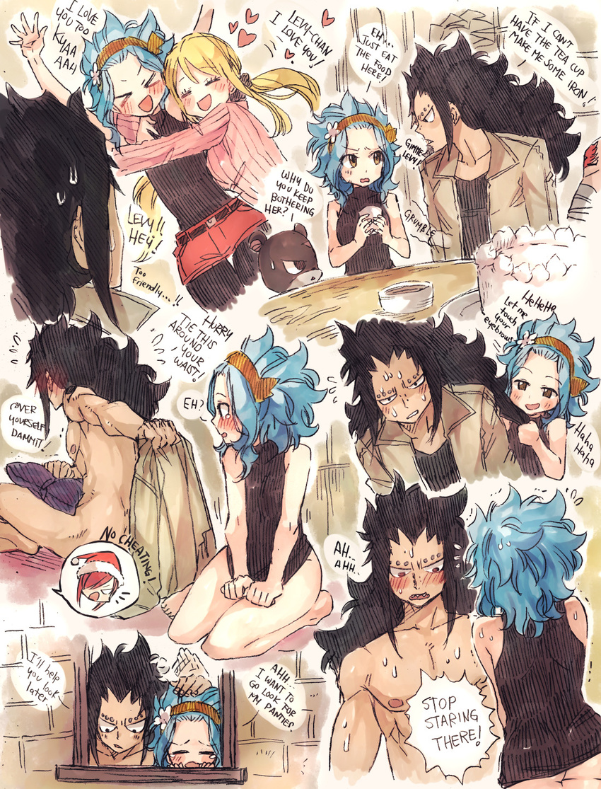 1boy 2girls erza_scarlet fairy_tail gajeel_redfox levy_mcgarden lucy_heartfilia multiple_girls pantherlily rusky