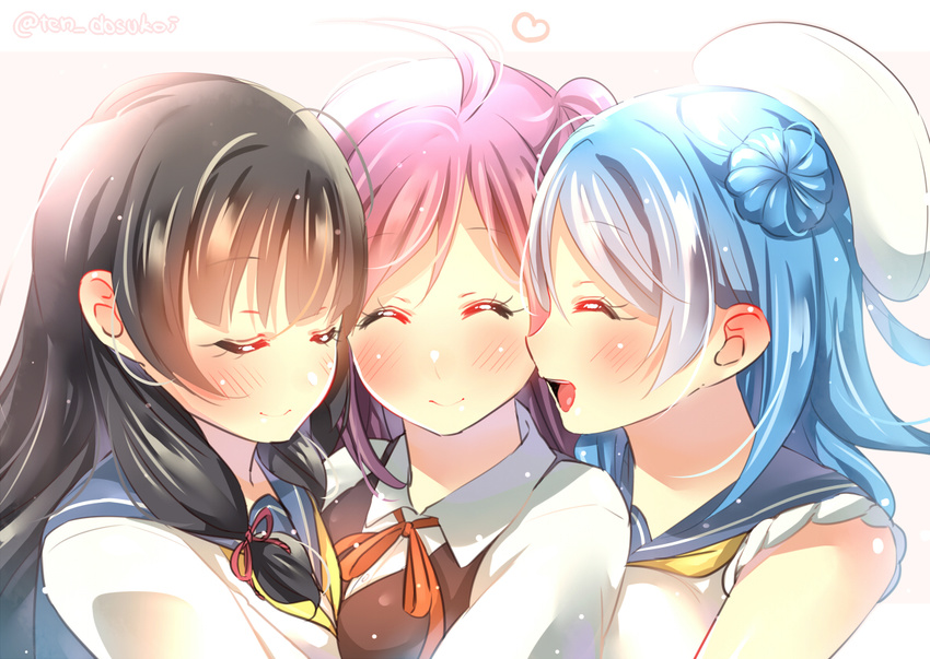 :d ^_^ black_hair blue_hair closed_eyes girl_sandwich hagikaze_(kantai_collection) hair_bun hat hug isokaze_(kantai_collection) juurouta kantai_collection long_hair multiple_girls neck_ribbon open_mouth profile purple_hair red_ribbon ribbon sailor_collar sandwiched side_ponytail sleeves_rolled_up smile urakaze_(kantai_collection) white_hat